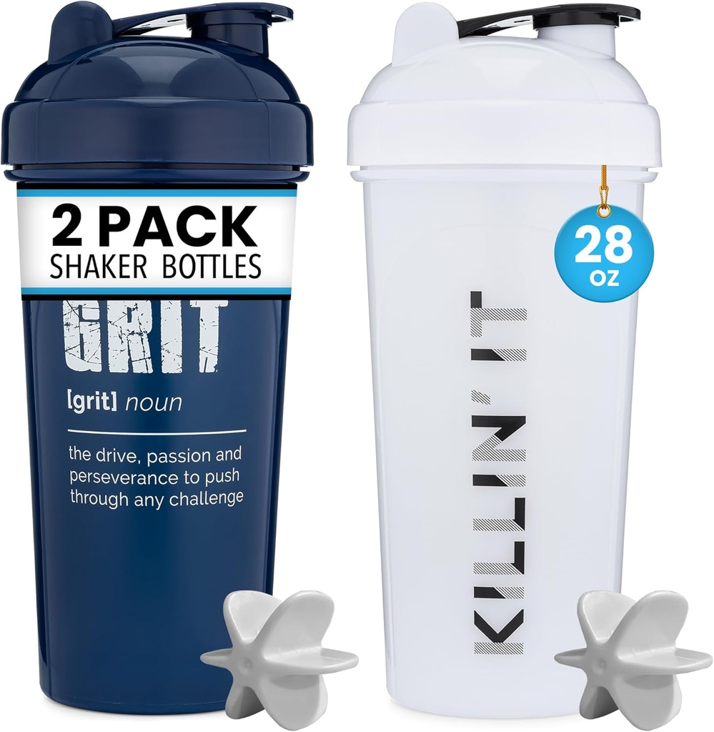 GOMOYO [2 Pack] 28oz Shaker Bottle mit Motivationsnotizen (White Killin' It & Navy Grit) | Protein Mixer Agitators for Mixes Pack ist BPA Free Spülmaschine Safe