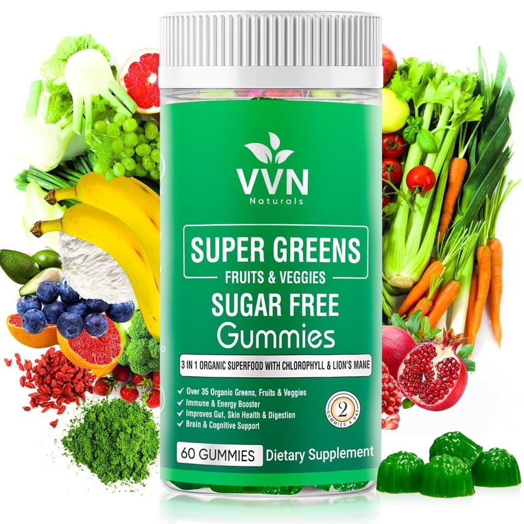 Sugar-Free Real Organic Fruits, Super Greens und Veggies Gummis | 35+ Nutritische & Gesunde Grüns, Früchte und Gemüse für verbesserte Immunität, Hautgesundheit & Energie Boost6060 Vegan Gummies