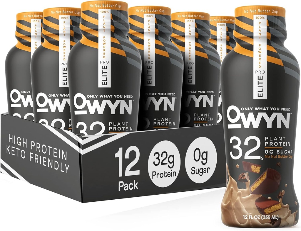 OWYN Only What You Need Pro Elite Vegan High Protein Keto Shake, 32g Protein, 12 Fl Oz (Pack von 12) und Pro Elite Vegan Plant-Based High Protein Keto Shake, No Nut Butter Cup, 32g Protein (Packaging May Vary)