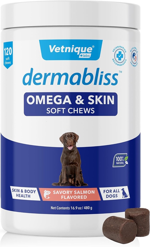 Vetnique Dermabliss Omega & Skin Health Fish Oil for Dogs Soft Chews Healthy Skin & Coat für Hunde mit Biotin & DHA - Hickory Salmon Dog Treats (120 Count Chews)