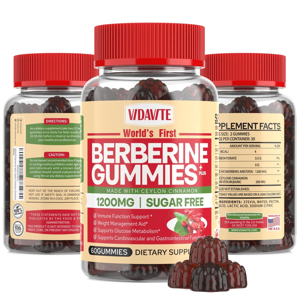 Berberine mit Ceylon Cinnamon Gummies — Zuckerfrei, 98% Pure & 10x Absorption — 1200mg HCL Organic Berberine Ergänzung für Gewichtsmanagement, Immunität, Metabolic & Digestive Health(30 Tage)