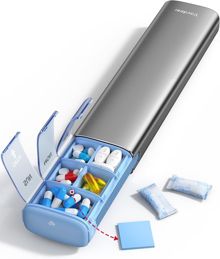 Vaydeer 7 Tage Wöchentliche Pille Organizer (Support 2 mal pro Tag), Metall Reise Pille Fall, große Kapazität Täglich süße Pille Box für Ergänzungen, Pillen, Vitamine und Medikamente (Gray)