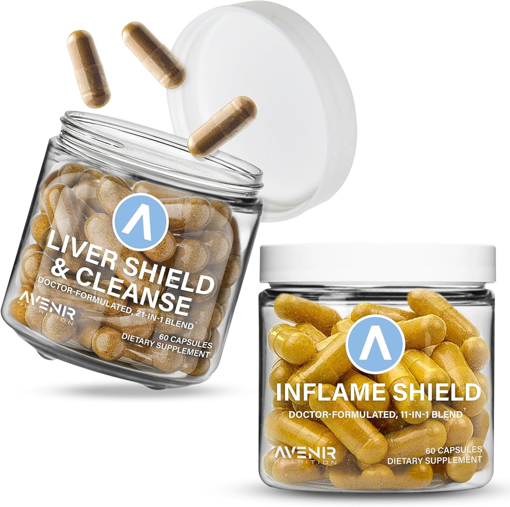 Avenir Nutrition Shield Hard Bundle - Liver Cleanse Detox & Repair and Inflame Shield - Milk Thistle, Turmeric and Ginger Supplements - 60 Kapseln