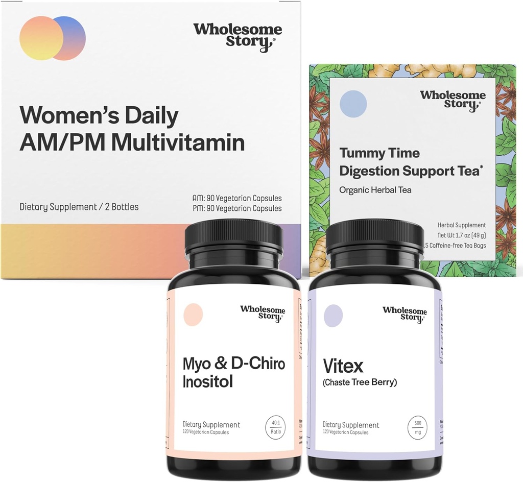 PMS Support Bundle | Myo-Inositol & D-Chiro Inositol Blend Capsule 30-Day Supply | Vitex Chasteberry Supplement für Damen 120-Day Supply | Premium Multivitamin für Frauen | Morning Sickness Tea 15ct