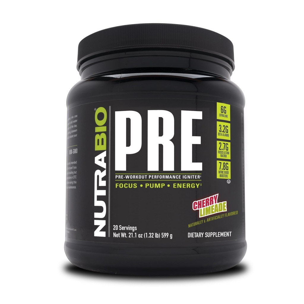 NutraBio PRE Workout Powder - Old Formula-Sustained Energy, Mental Focus, Endurance - Beta Alanine, Kreatin, Koffein, Elektrolyte - 20 Servierungen - Cherry Limeade