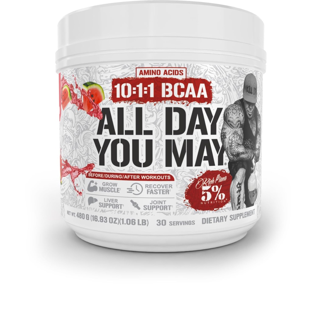 5% Ernährung Rich Piana AllDayYouMay BCAA Powder | Premium Intra & Post Workout Aminosäuren, EAA, Elektrolyte | Hydration, Endurance, Recovery | Vegan & Keto | 16.9 oz, 30 Srvgs (Watermelon)