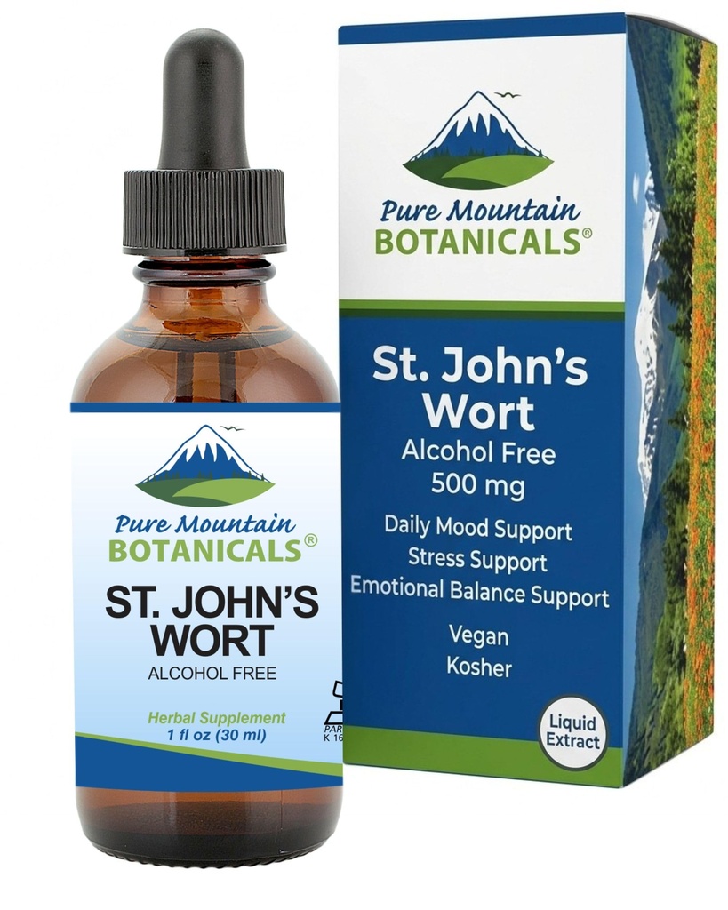 Pure Mountain Botanicals St Johns Wort Tincture – Kosher Liquid St. John’s Wort Alkoholfreie Extrakt 500mg Vegan Ergänzung