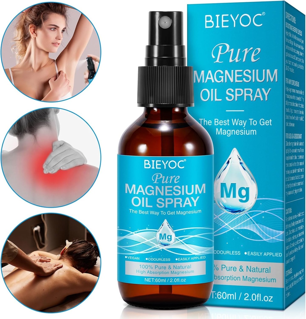 Magnesium Spray, 100% reines und organisches natürliches Magnesium-Öl-Spray für Füße Glasflasche, beruhigendes Relief & Entspannung, einfach zu absorbieren und zu verwenden