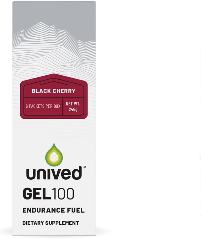 Unived Gel 100 - Vegan Energy Gel für Ausdauersportler Läufer & Radfahrer - 100kcal - Schwarze Kirsche - Pack von 6
