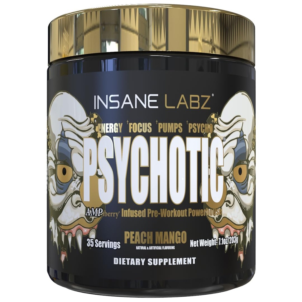Insane Labz Psychotic Gold, High Stimulant Pre Workout Powder, Extreme Lasting Energy, Pumpen und Ausdauer mit Beta Alanine, DMAE Bitartrate, NO Booster (35 Servierungen, Peach Mango)