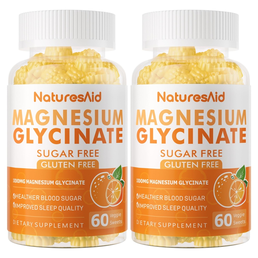 Magnesium Glycinate Gummies 1000mg - Zuckerfreie Magnesium Kaliumergänzung mit Vitamin D, B6, CoQ10 für ruhige Stimmung & Schlafunterstützung - 120 Orange Gummies -2 Pack