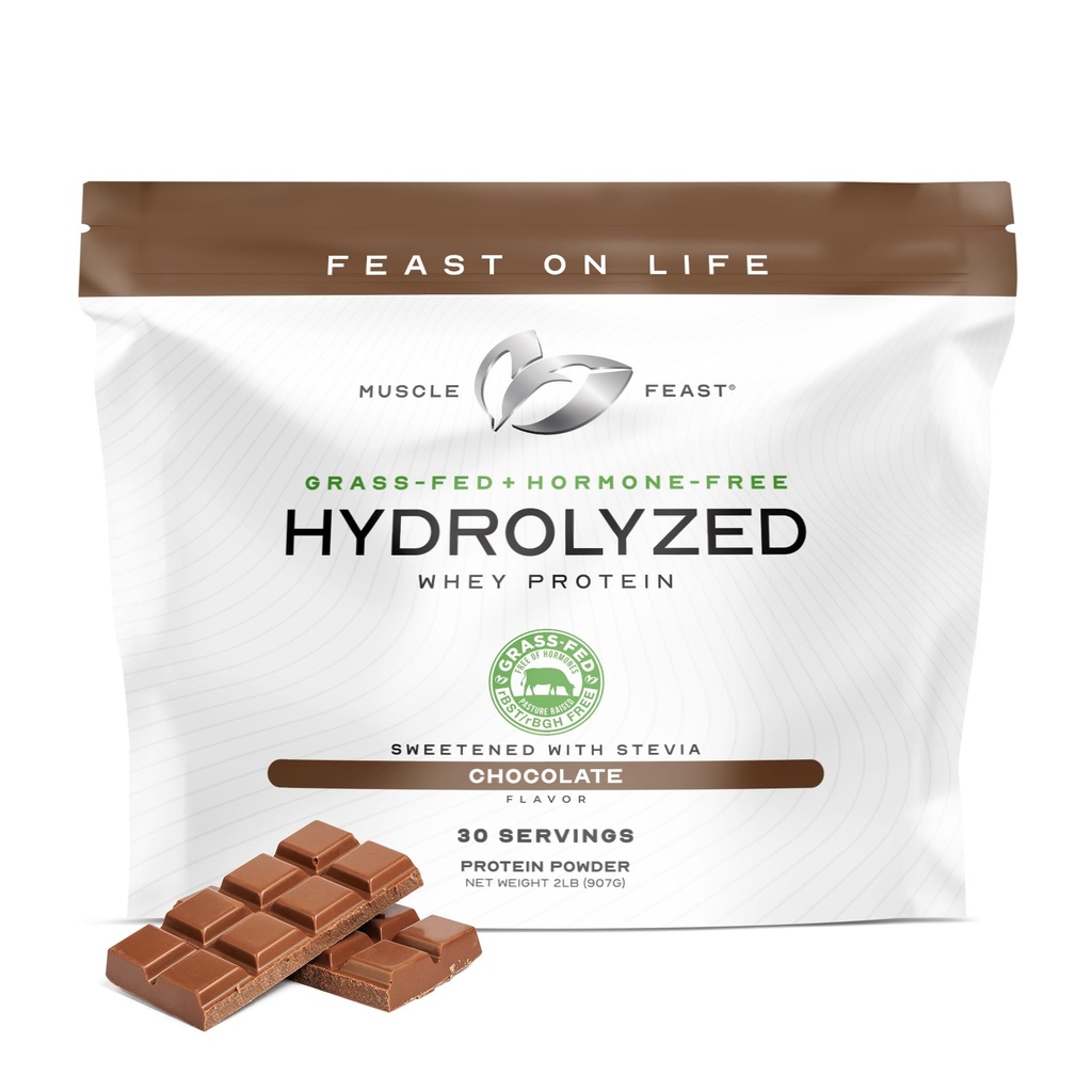 Muscle Feast Hydrolyzed Whey Protein Powder, Grass Fed and All Natural Hormone-Free, Hydro Whey Powder for Men and Women, Gluten Free, Non-GMO, Delicious Hydrolyzed Protein Powder, Chocolate, 2lb