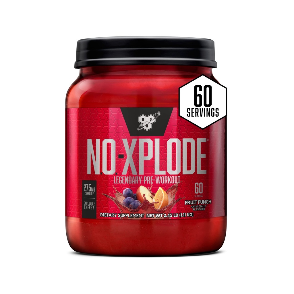 BSN N.O.-XPLODE Pre Workout Supplement mit Kreatin, Beta-Alanin und Energy, Fruit Punch, 60 Servierungen, 2.45 Pfund (Packaging May Vary)