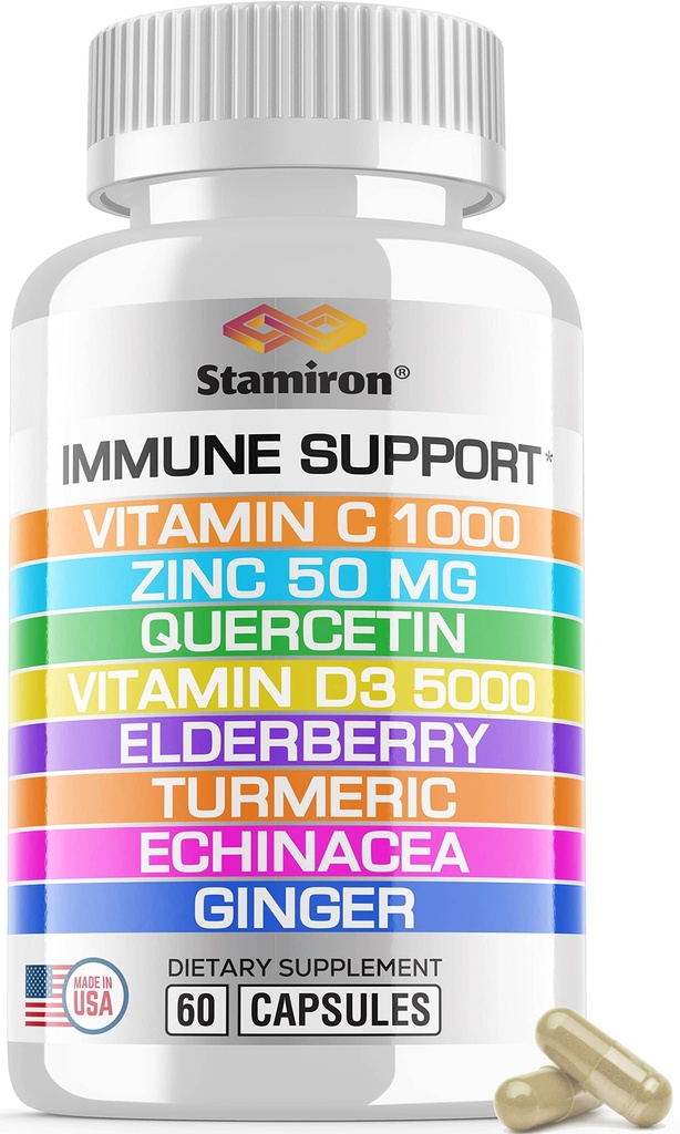 8 in 1 Immununterstützung mit Quercetin Zink 50mg Vitamin C 1000mg Vitamin D3 5000 IE und Holunder Echinacea Ingwer für Erwachsene Kinder - VIT D Supplement Veg Kapseln