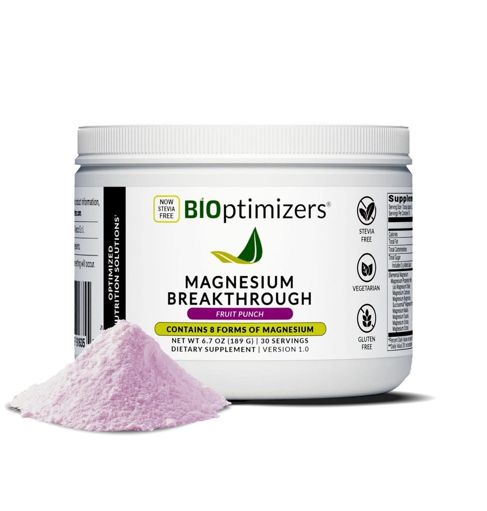 BIOptimizers Magnesium Breakthrough Drink - 8 Forms of Magnesium, Electrolytes, Sleep Health, Stress, Muscle Recovery, Heart Support | Glycinate, Citrate, Malate - Fruit Punch