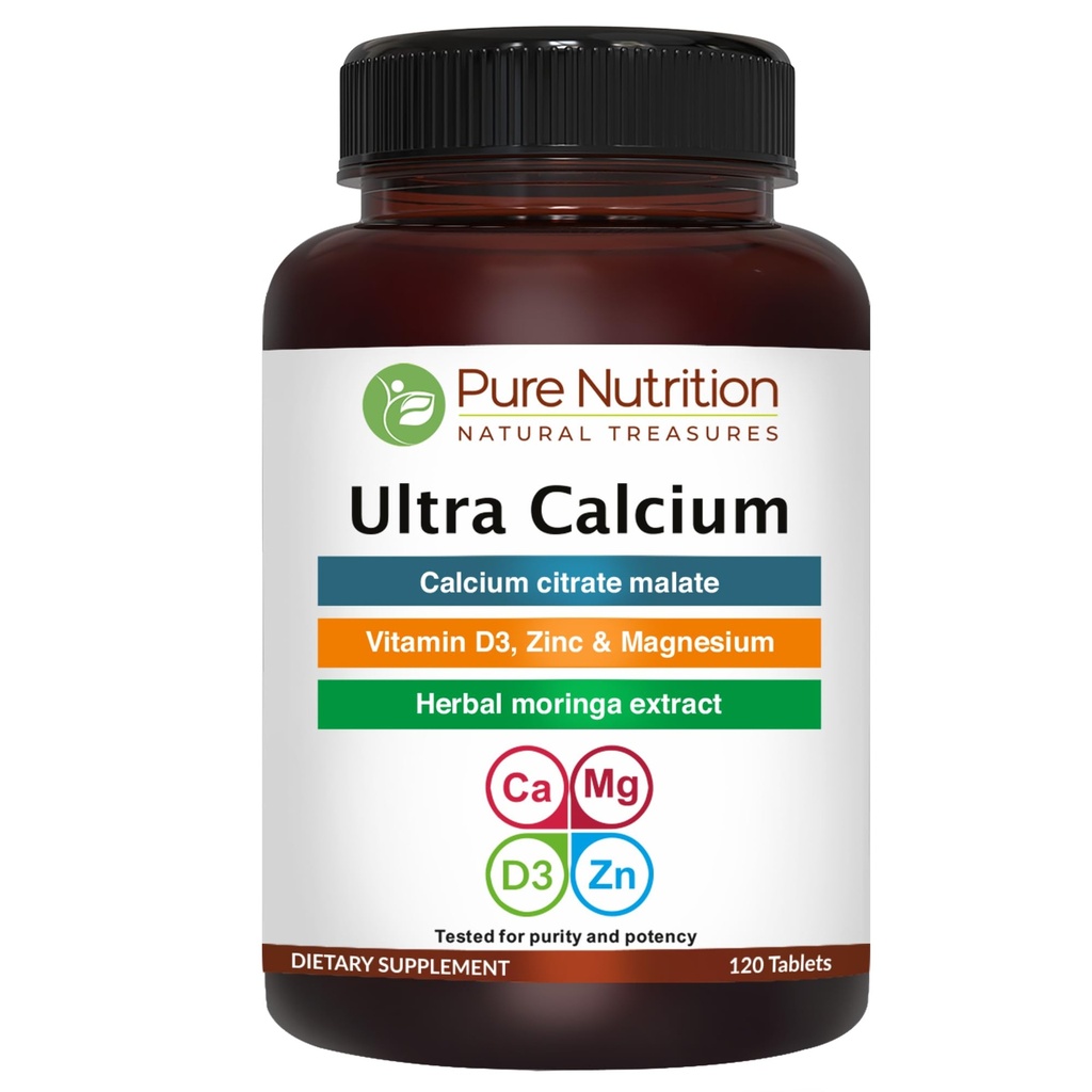 Reine Ernährung Ultra Kalzium 1000mg mit VIT D3 + K2 | 120 Tab | Hochabsorbierbare Kalziumergänzung mit Calciumzitat Malat, VIT D3, K2, Moringa Oleifera, Magnesium und Zink.