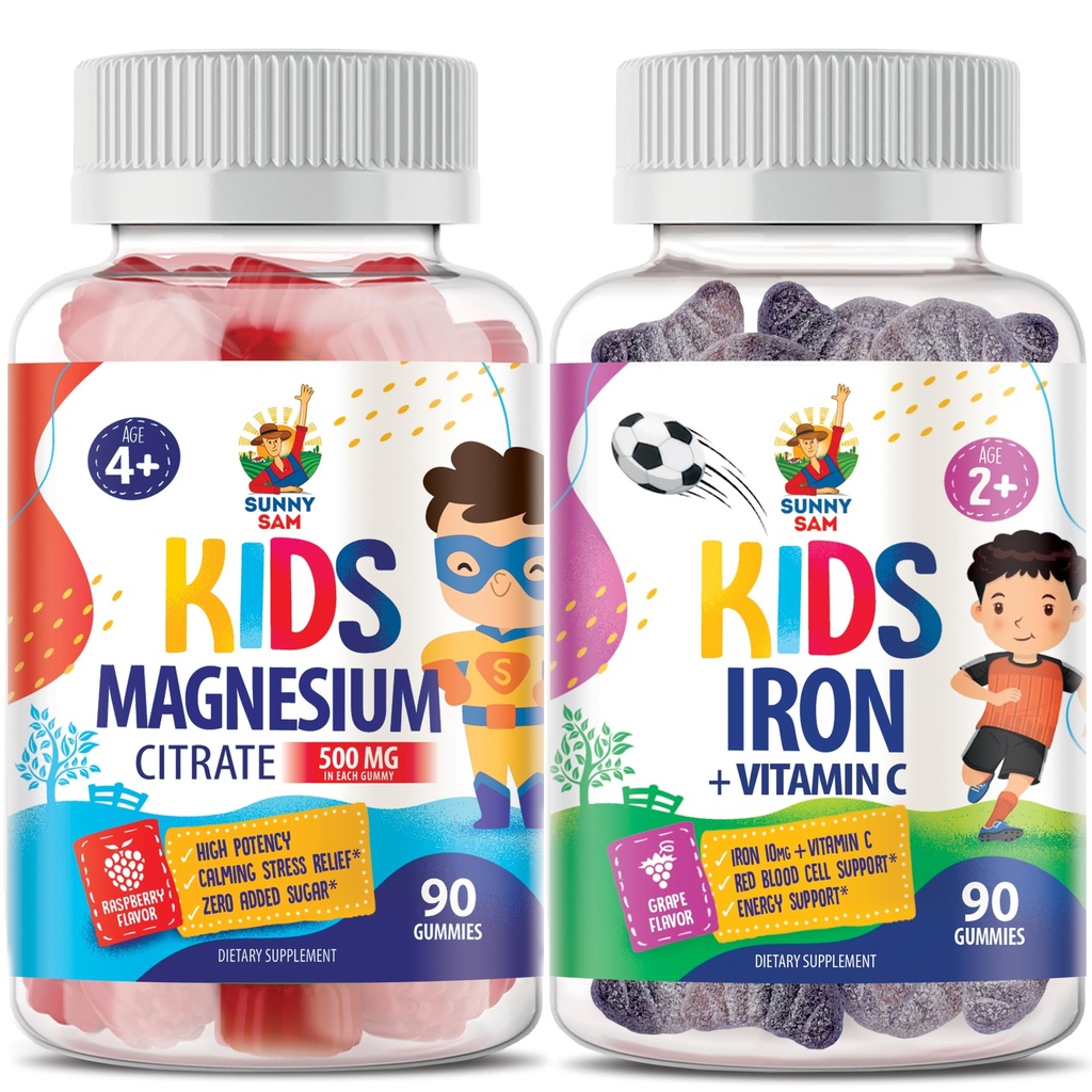 SUNNY SAM Eisengummis für Kinder &amp; Magnesium Gummi für Kinder & Erwachsene - 500mg - Kalm Magnesium Kaugummis - Magnesium Citrate Kaubare Ergänzung für Mood & Muskelunterstützung