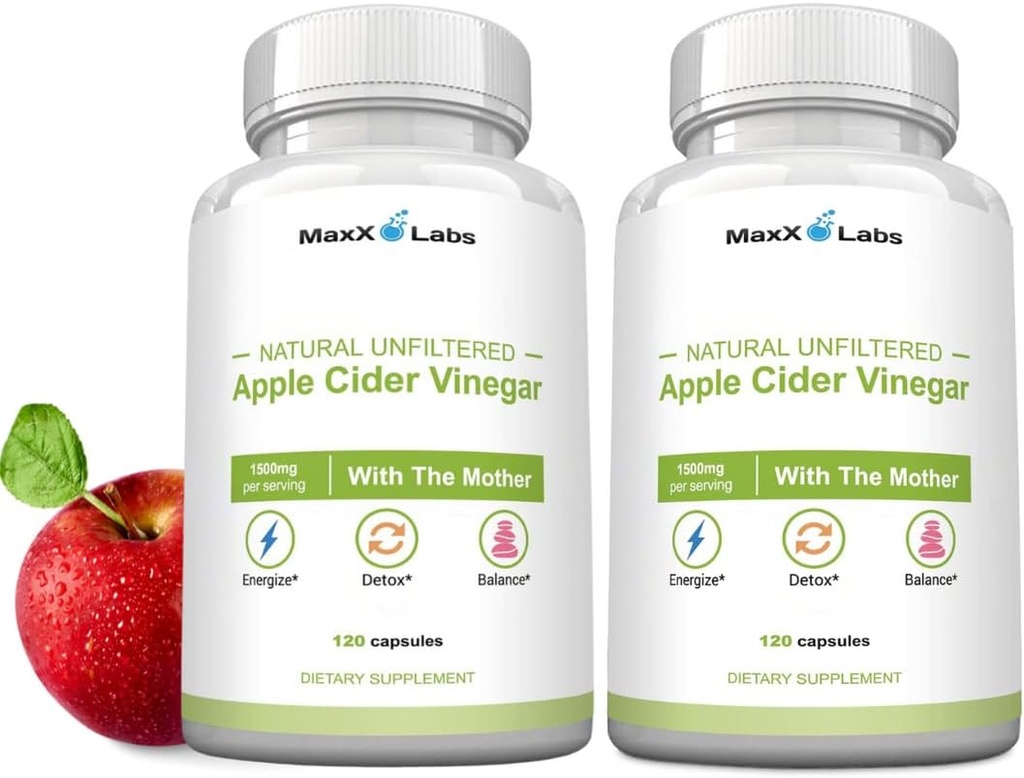 Raw Apple Cider Essig Kapseln mit Mutter, 1500mg ACV Pillen - Boost Energy, Unterstützung Immunität & Verdauung & Gewicht-Management für Frauen & Männer - 2 Pack