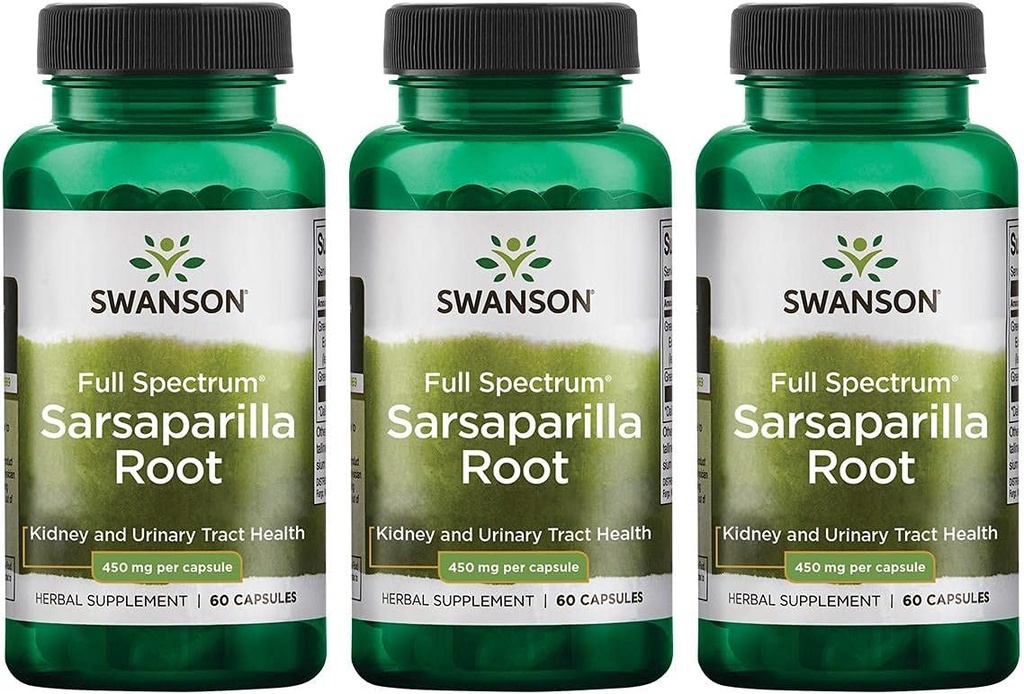 Swanson Sarsaparilla Root-Traditional Herbal Supplement Promoting Skin Health, Urinary Tract & Kidney Support-Natural Formula Supporting Overall Health & Wellness-(60 Capsules, 450mg Each) 3 Pack