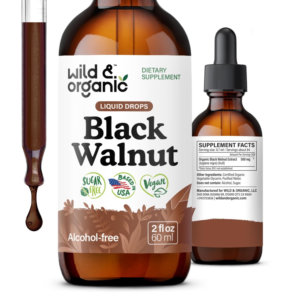 Wild & Organic Black Walnut Tincture - Cleanse Detox mit Black Walnut Hull Extract - Kräuterergänzung für Gut Detox Cleanse und Digestive Well-Being - Vegan, Zucker & Alkoholfrei - 2 fl oz