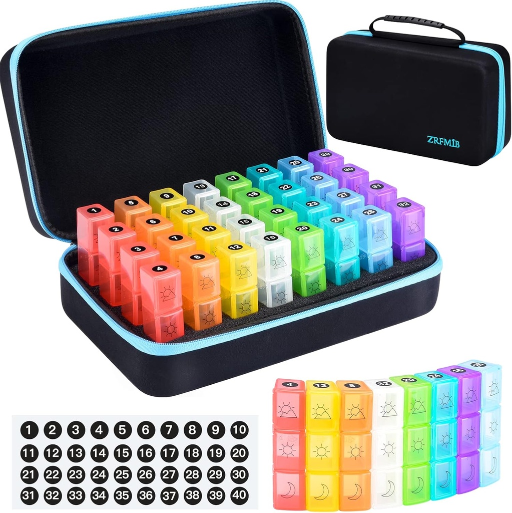 ZRFMIB Monatliche Pille Organizer 3X pro Tag, 30 Tage Reise-Pille Box Organizer mit 32 täglichen Komponenten, Month Pill Box Organizer für Fischöl, Vitamine, Ergänzungen und Medikamente