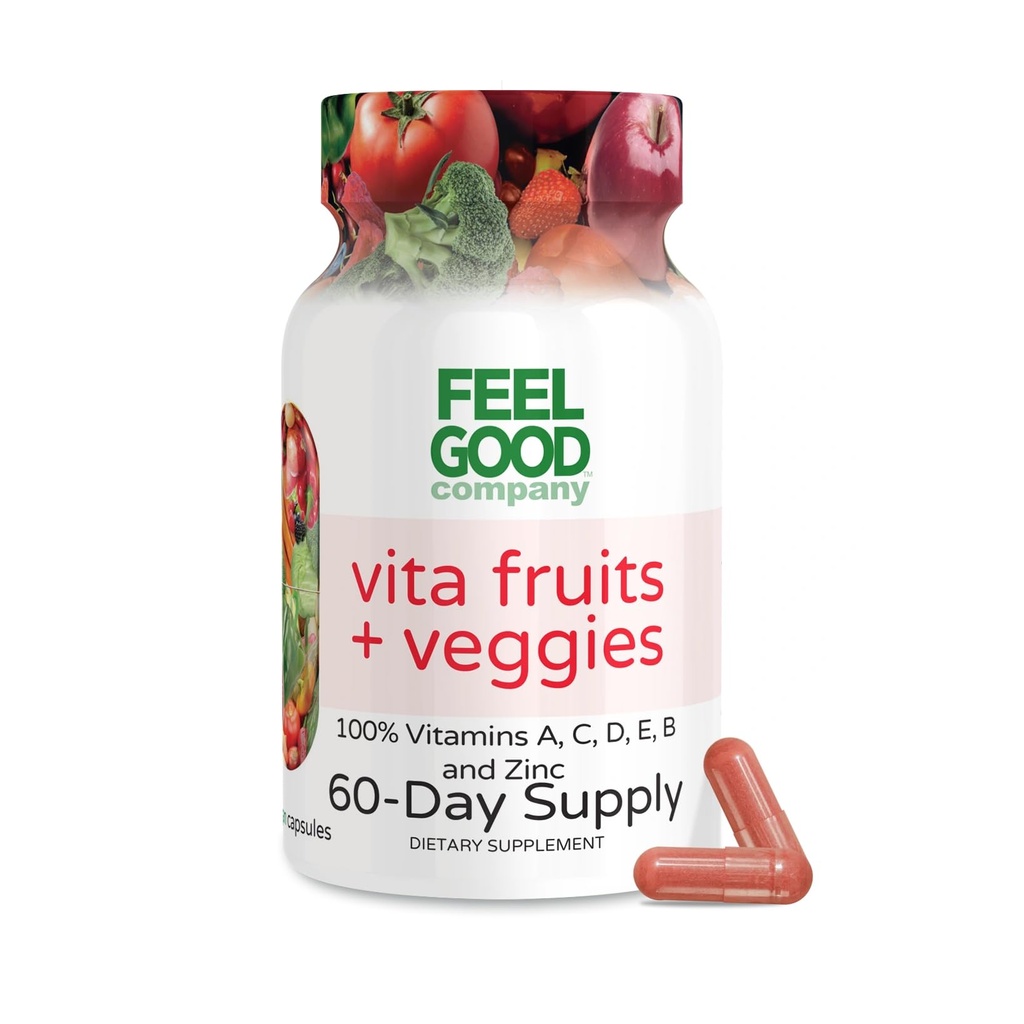 FeelGood Superfoods Vita Fruits and Veggies Capsules - 25 Superfood Zutaten, Obst und Gemüse Multivitamin, 60 Count - Für Männer und Frauen - Vitamine A, C, D, E, B und Zink