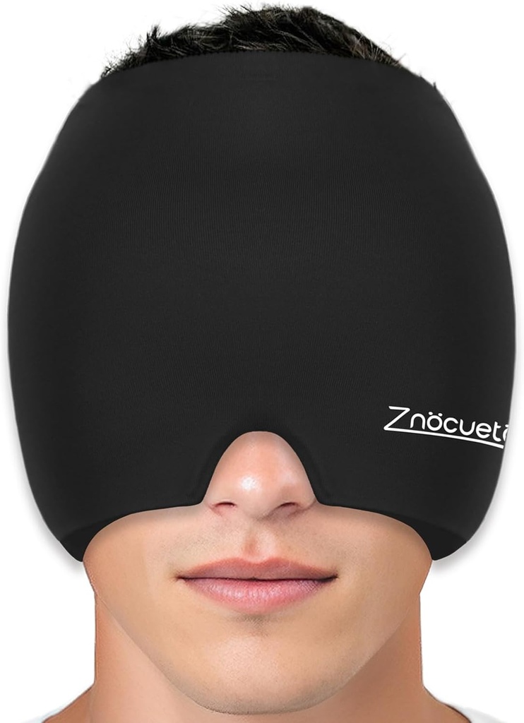 ZNÖCUETÖD Migraine Kopfschmerz Relief Cap Hat Voller Kopf Ice Pack Wrap Cooling Gel Ice Beanie Hot/Cold Compression Cap für Sinus, Stress, Hangover Kopfschmerz Schmerzen Relief - Wiederverwendbare Männer Frauen, Schwarz, Größe M