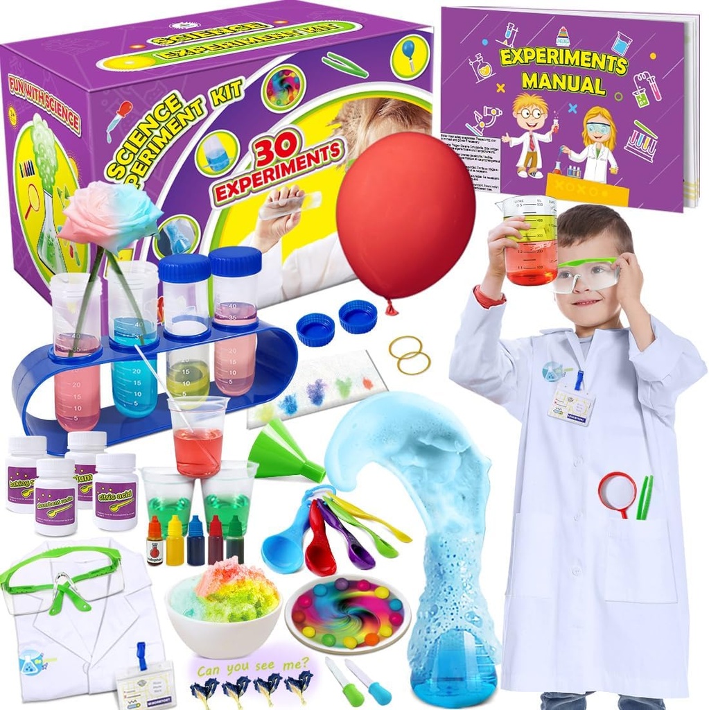 UNGLINGA 30 Experimente Science Kit für Kinder mit Lab Coat, Chemie Set STEM Toys Geburtstagsgeschenke für Jungen Mädchen, Wissenschaftler Kostüm Rolle Play Tools Educational Learning Set