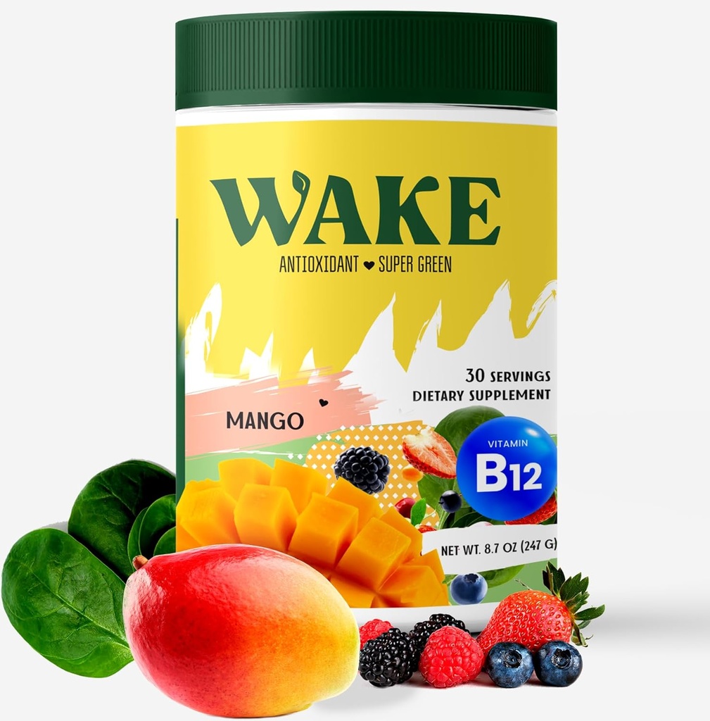 Wake Antioxidant Super Greens, Best Natural Powder Superfood, Spirulina & Chlorella, Vitamin B12, Non-GMO Vegan Drink, Juice & Smoothie Blend, Enzyme, Probiotics, Acai Berry & Camu Camu
