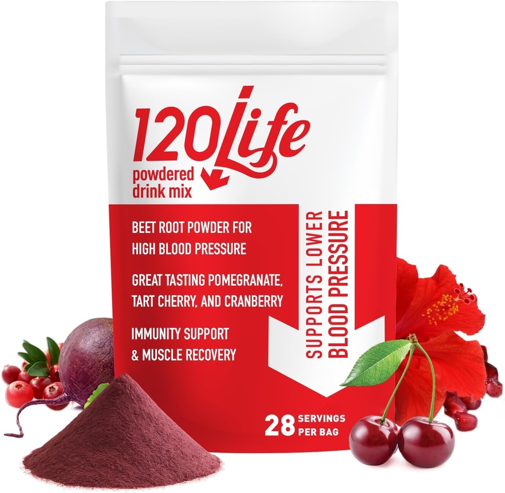 120LIFE Blutdruck-Unterstützung, Natürliche Beet Root Powder Drink Mix mit Granatapfelpulver, Cranberry-Ergänzung, Tart Cherry, Hibiscus, und Magnesium (28 Servierungen) - Glutenfrei, Vegan
