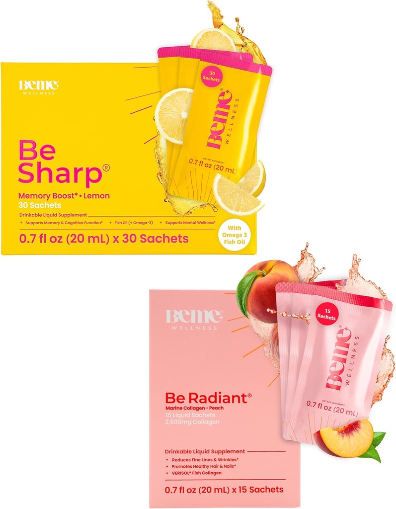 BeMe BeSharp & BeRadiant Peach Bundle - Liquid Omega-3 & Liquid Collagen Getränke Supplements
