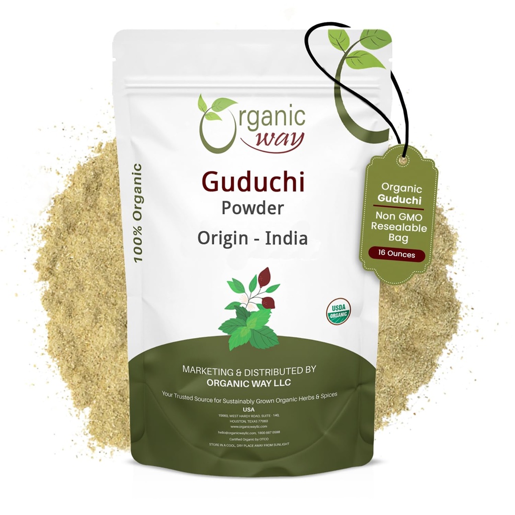 Bio Way Premium Grade Guduchi Powder (Tinospora Cordifolia) - Organic & Kosher Zertified | Raw, Vegan, Non GMO & Gluten Free | USDA Certified | Origin - Indien (1LBS / 16Oz)