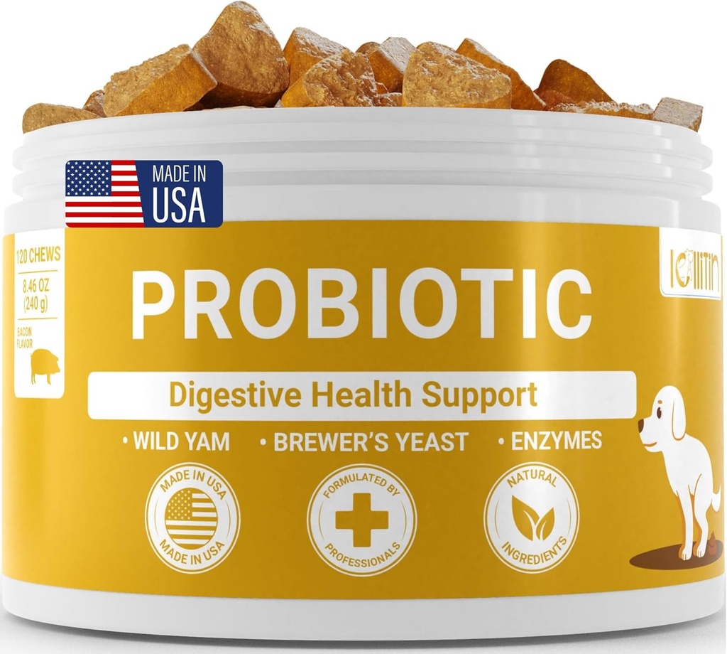 Probiotika für Hunde - Unterstützung Gut & Verdauungs-Gesundheit, Immununterstützung - All Nautral Prebiotics, Fiber, Enzymes for Gut Flora - Durchfall & Bowel-Unterstützung - Bacon Flavor, 120 Chews, von Lollitin