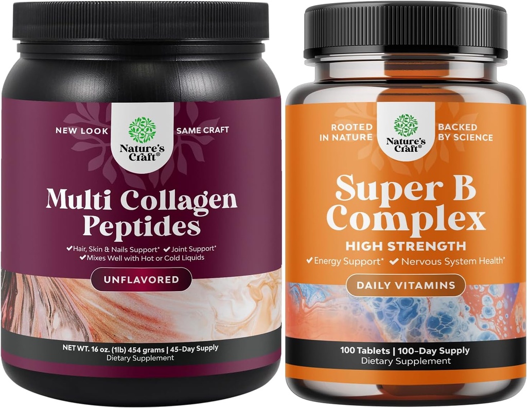 Bundle of Multi Collagen Protein Powder für Frauen und Männer - Haar Haut und Nägel Vitamine und Vitamin B Complex Erwachsene Multivitamin für Immununterstützung Mood Boost und Gedächtnis Supplement für Gehirnunterstützung