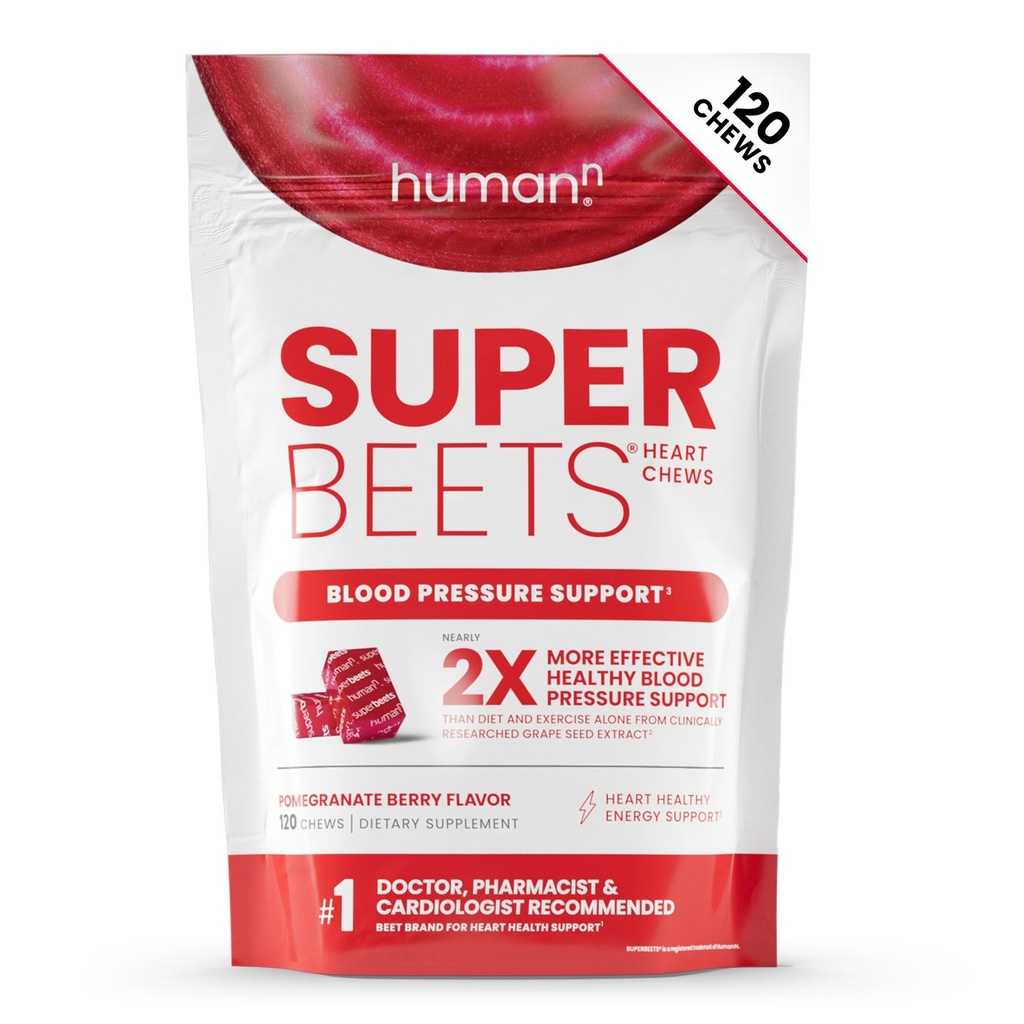 HumanN SuperBeets Herzkäse, Stickstoffoxid und Blutdruck-Unterstützung, Grape Seed Extract & Non-GMO Beet Root Powder Energy, Granatapfel Berry Flavor, 120 Count