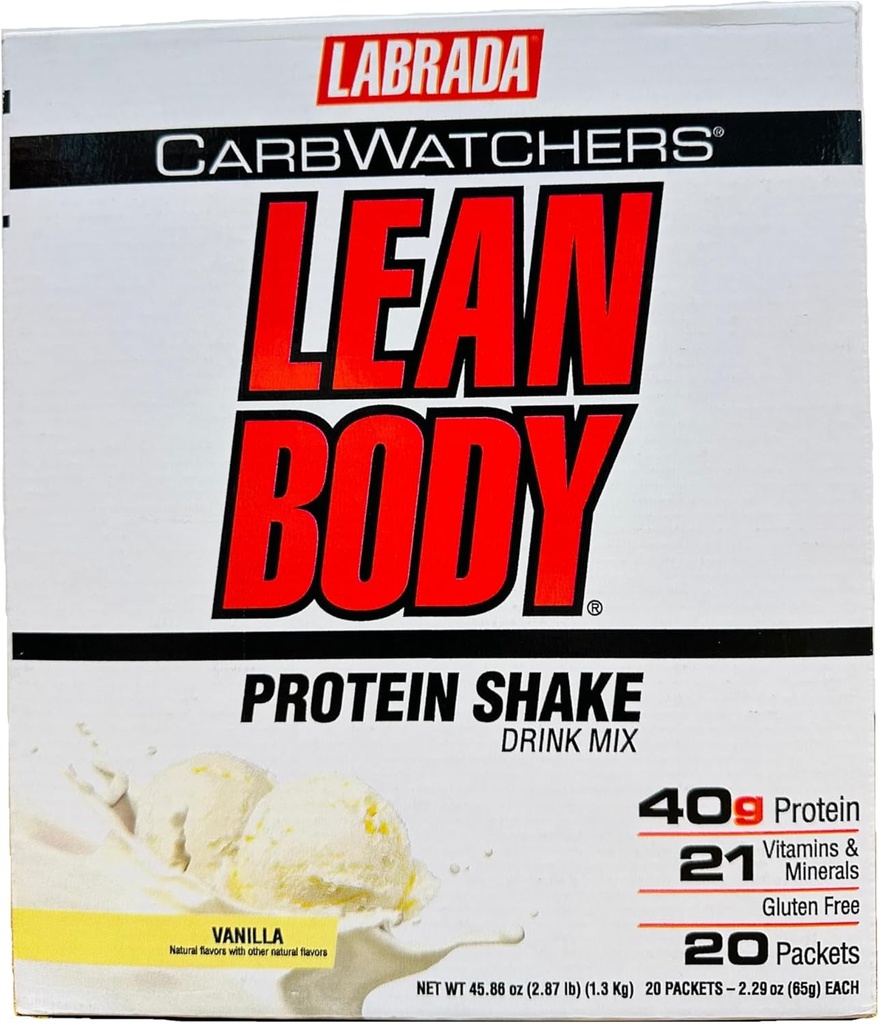 Lean Body Carb Watchers, All-In-One Vanille Meal Ersatz Shake. 40g Protein Whey Blend, 8g Gesunde Fette & Fiber, 22 Vitamine und Mineralstoffe, keine künstlichen Farben, Glutenfrei, (20 Packungen)