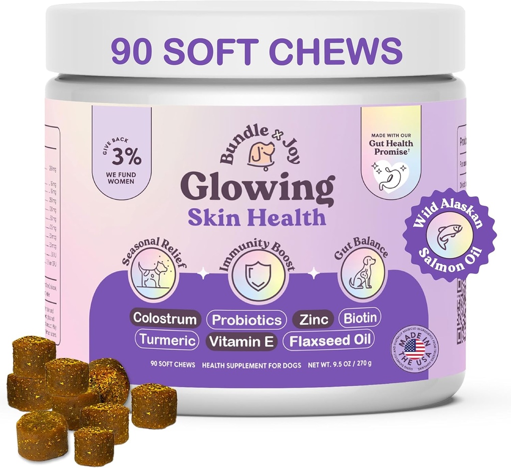 Bundle x Joy Glowing Skin and Coat Supplement for Dogs, 90 Soft Chews, Probiotics for Dogs with Colostrum, Omega 3 Fatty Acids, Salmon Oil und Turmeric, unterstützt Saisonale Allergien & Itchiness