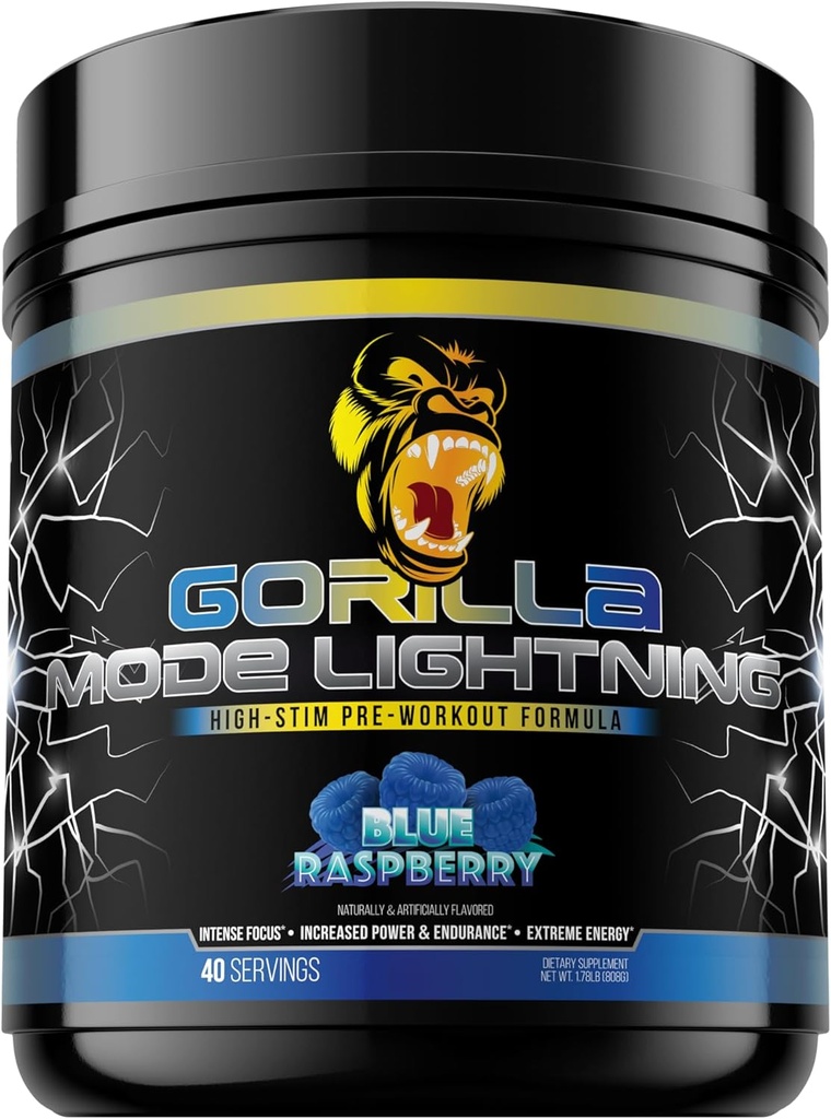 Gorilla Mode Lightning Pre-Workout - Extreme Energy · Laser Focus · Leistungsstarke Pumpen · Peak Performance - 550mg Koffein, 13500mg L-Tyrosin, Alpha-GPC– 808g (Blauer Himbeer)