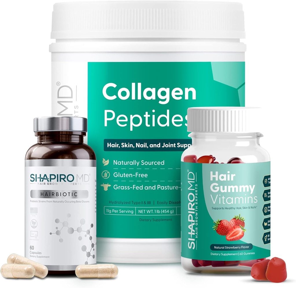 Inner Wellness Trio - Nahrungsergänzungsmittel für Volles, Starkes, Gesundes Haar - Kollagenpulver, Tägliches Vitamin und präbiotische Formel | Empfohlen von Dermatologe | Shapiro MD