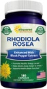 aSquared Nutrition Rhodiola Rosea Max Strength with Black Pepper Supplement - 180 Kapseln - Max Absorption Pulver Pillen - Golden Root Herb für Stress Relief, Stimmung, Pure Focus & Energy - 500mg pro Cap