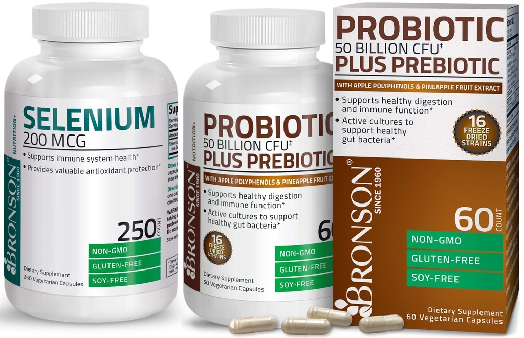Bronson Probiotic 50 Billion CFU + Präbiotisch mit Apfel-Polyphenolen & Ananas-Fruchtextrakt + Selenium 200 Mcg für Immunsystem, Schilddrüse, Prostata und Herzgesundheit
