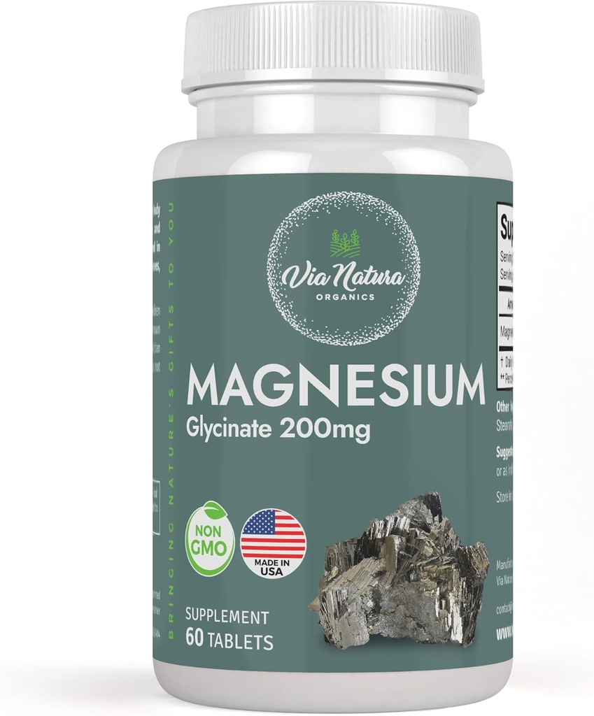 Magnesium Glycinat 200 mg | Glutenfrei | Non-GMO | 60 Tabellen von Via Natura Organics