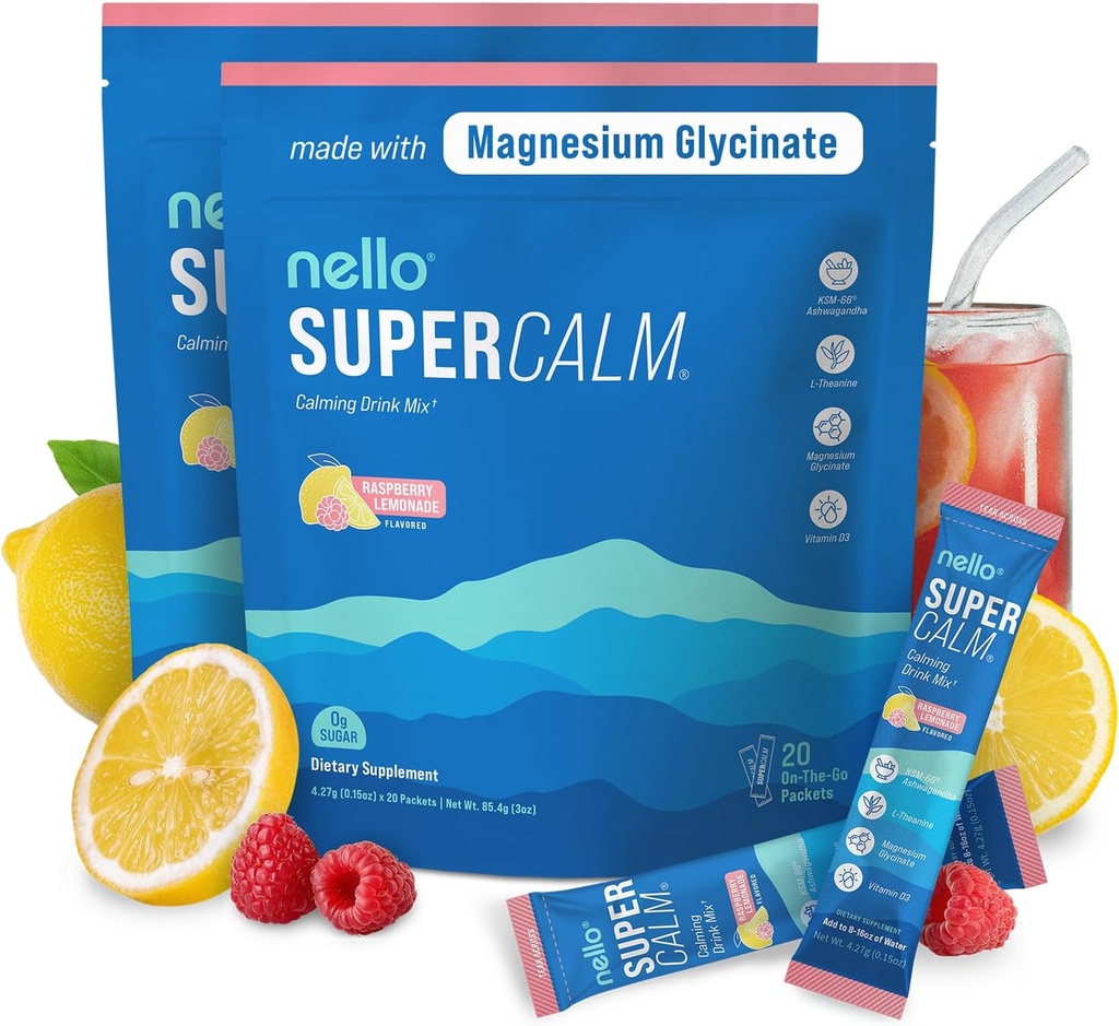Nello Supercalm Powdered Drink Mix, Raspberry Lemonade, L Theanine, Ksm-66 Ashwagandha, Magnesium Glycinate, Vitamin D 3, Nahrungsergänzungsmittel für Entspannung & Fokus, kein Zucker, Non GMO, On The Go, (2-Pack)