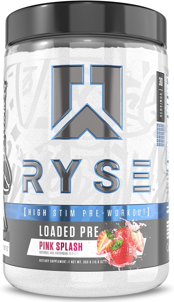 RYSE Loaded Pre Workout Powder - Pink Splash - Daily Pre-Workout für Männer und Frauen mit 390mg Koffein, Beta Alanine und Citrulline für Pumpe, Fokus und Energie - 30 Portionen
