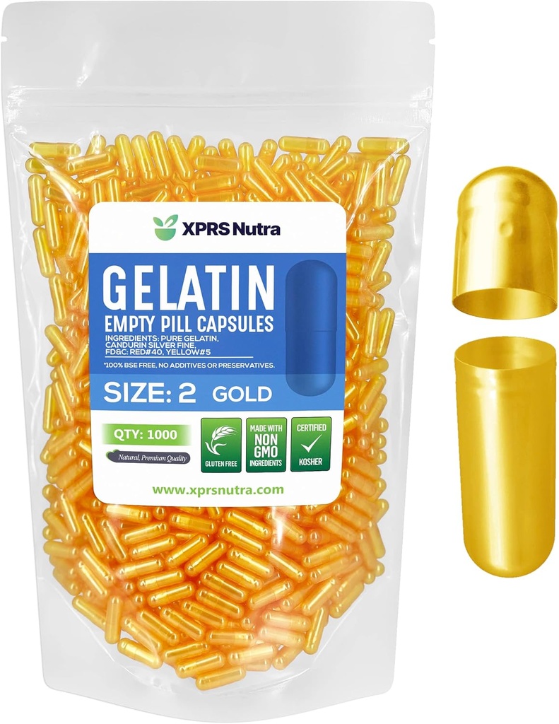 XPRS Nutra Größe 2 Leere Kapseln - 1000 Graf Leere Gelatine Kapseln - Pillen DIY Kapsel Füllung - Pure Bovine Pille Gel Kapseln für Do-It-Yourself Ergänzungen (Gold)