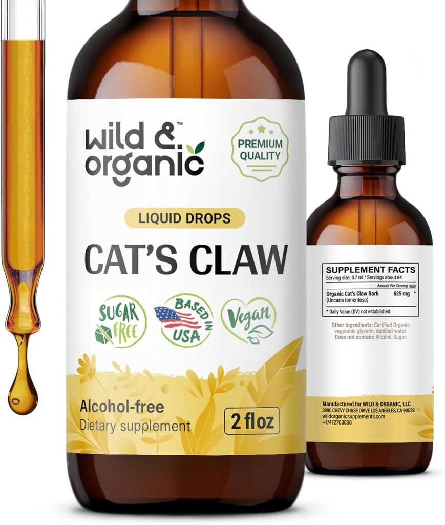 Wild & Organic Cats Claw Tincture - Immununterstützungsergänzung - Liquid Cats Claw Supplement - Vegan, Zucker & Alkoholfreie Bark Extrakt Tropfen - 2 fl Unze