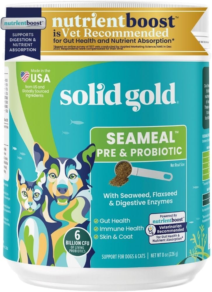 Solid Gold SeaMeal Cat Probiotic & Dog Probiotics for Digestive Health - Kelp Powder Dog & Cat Multivitamin Supplement w/Prebiotics & Digestive Enzyme für Haut, Mantel, & Gut + Immununterstützung - 8oz