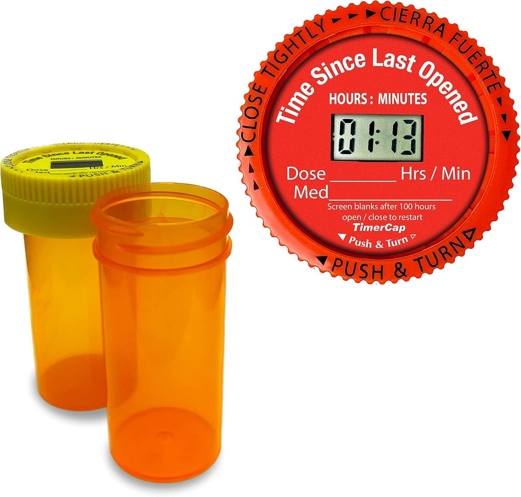 TimerCap zeigt automatisch Zeit seit der letzten geöffnet - Eingebaute Stoppuhr Smart Pill Bottle Cap Medication Reminder Case (Qty 2-1.8 oz Amber Bottles) CRC