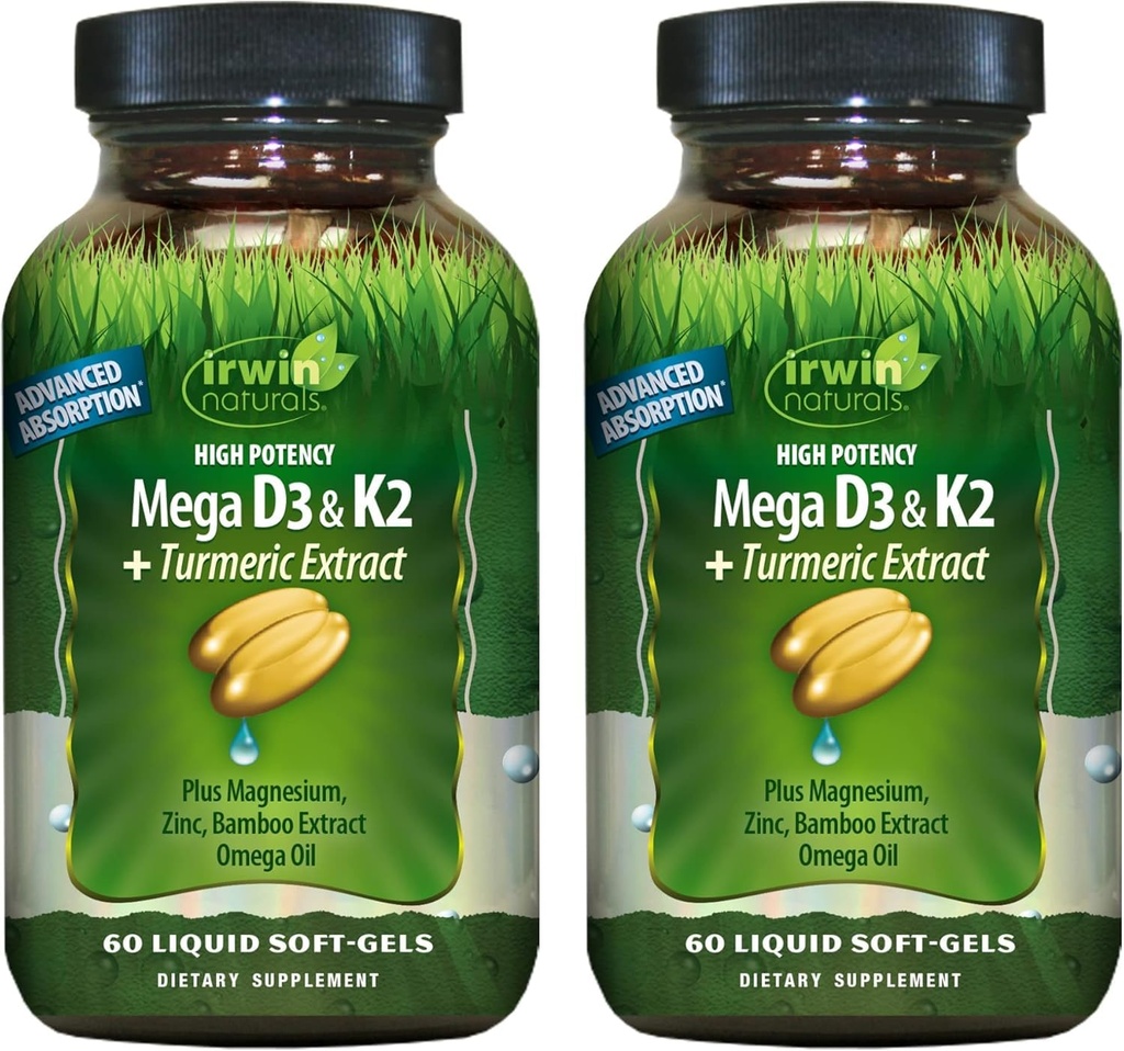 Irwin Naturals High Potency Mega D3 & K2 + Turmeric Extract für gesunde Knochen, Immunfunktion & Positive Stimmung - Fortgeschrittene Absorption mit Magnesium, Turmeric, Bamboo & Omega Oil - 60 Liquid Softgels