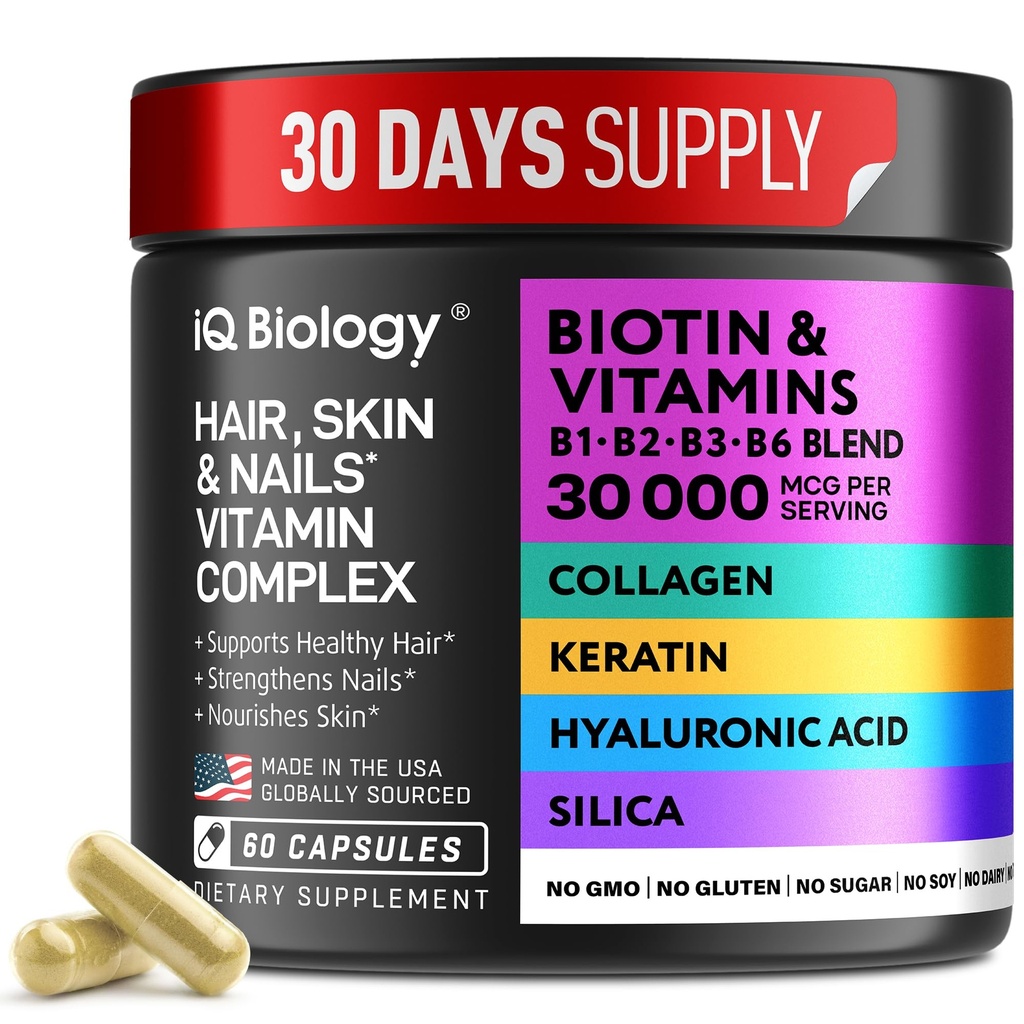 Biotin für Haarwachstum Frauen & Männer mit Keratin, Kollagen Complex 30000 mcg – Kapseln für Haarausfall & Stärke Dicke – Haut und Nägel Vitamine, Biotin 10000mcg und Collagen Ergänzungen - 60 Pillen